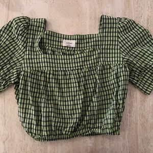 Wilfred Green Checkered Puff Sleeve Crop Top